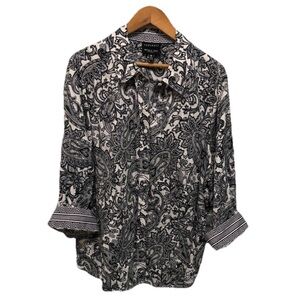 FOXCROFT Womens Paisley Wrinkle Free Black/White Flip Cuff Fitted Fit 20W BOHO